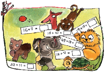 Some animals are holding rectangular shaped boxes in their hands. The fox is holding a box, in which sixteen and seven are added and a blank box is given for writing the answer. The cat is holding a box in which nineteen is added to fifteen and a blank box is given to write the answer. Above tortoise, there is a box in which fourteen is added to seven and there is a blank box to write the answer. The elephant is holding a box in which forty nine is added to thirteen and there is a blank space to write the answer. The dog is holding a box in which thirty three is added to eleven and there is a blank space for writing the answer. The mouse is holding a box in which eighteen is added to ten and there is a blank space for writing the answer.