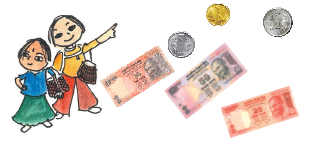There is a girl and a boy carrying shopping bags with them. There is a one rupee coin, a two rupee coin and a five rupee coin. There are also notes of rupees ten, twenty and fifty.