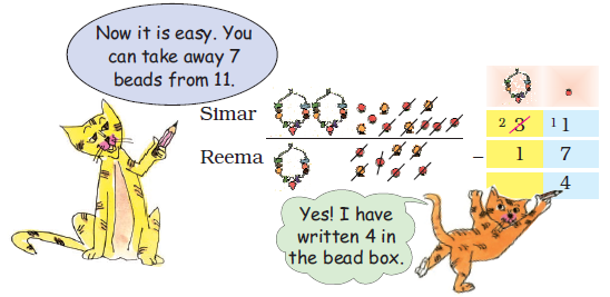 Cats are explaining to subtract seventeen from thirty one, by crossing the extra necklaces and loose beads.