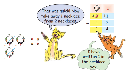 Cats are explaining to subtract seventeen from thirty one, the result is fourteen.