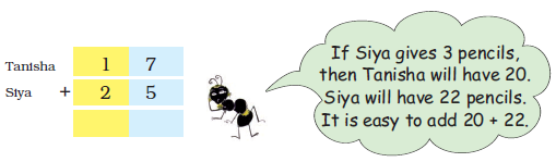 The ant is saying that  If Siya gives three pencils, then Tanisha will have twenty. Siya will have twenty two  pencils. It is easy to add twenty and twenty two. 