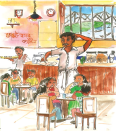 Few children are sitting on dining tables to have food in a canteen. Two men are serving them food.