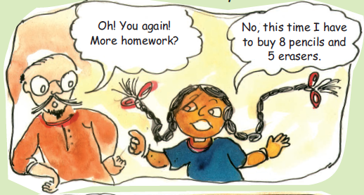 A girl is talking to a shopkeeper, that this time she has to buy eight pencils and five erasers.