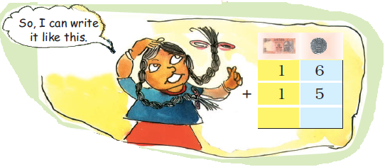 The girl has written sixteen and fifteen in the form of an addition sum.