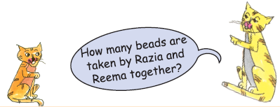 A cat is asking another cat that how many beads Razia and Reema took together.