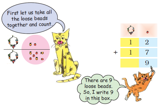 Two cats are talking to each other about the total number of loose beads, counting  them and then writing the total in the addition sum.