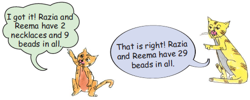 Two cats are talking to each other that Razia and Reema have two necklaces and nine  beads in all or twenty nine beads in all.