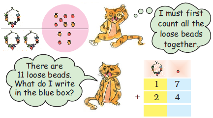 Two cats are talking to each other and counting the loose beads together and the total is eleven.