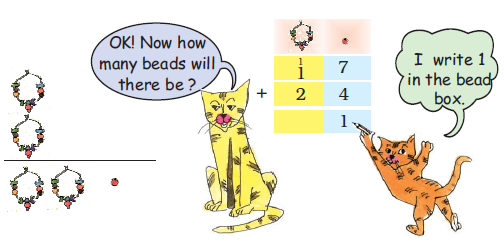 The cats are counting the loose beads to get the total and adding the digits at the ones place and at the tens place.