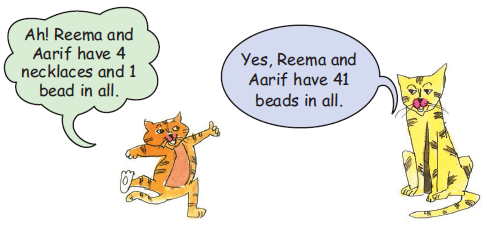The cats are discussing that  Reema and Aarif have four necklaces and one bead in all, forty one beads in all.
