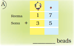 There is a bead drawn at the ones place and a necklace at the tens place. In front of Reema, seventeen is written and in front of Sonu, thirty five is written. There is a blank space for writing the sum.