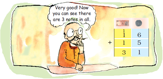 The man is counting and telling her that there are three notes in all, since the sum is thirty one.