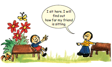 A boy is sitting on a table and another boy is sitting on another table, little away from him. The second boy wants to know, how far his friend is sitting from him.