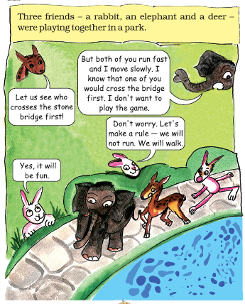 A rabbit, elephant and deer are talking to each other and walking.