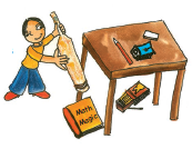 A by is holding a bat in his hand. There is a pencil, a duster, a sharpener on the table. A book and a matchstick are lying on the floor.