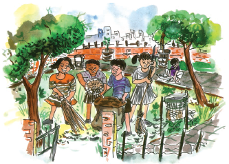 A group of children cleaning a park using brooms.