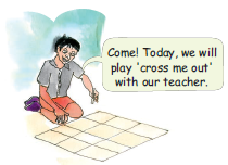 A boy is sitting on a floor with some blank square boxes drawn on a board.