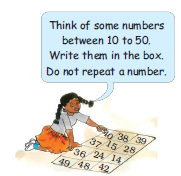 A girl is sitting on the floor and there is a board on which some numbers are written like forty, thirty eight, thirty seven, fifteen, twenty eight, thirty six, twenty four, fourteen, forty nine, forty eight and forty two.