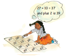 A girl is sitting on the floor and there is a board on which some numbers are written like forty, thirty eight, thirty seven, fifteen, twenty eight, thirty six, twenty four, fourteen, forty nine, forty eight and forty two.