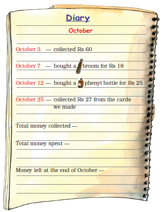 The page of a diary showing the money collected by Shreya in October and the money spent by her and a blank spaces are given for writing total money collected, total money spent and money left at the end of October.