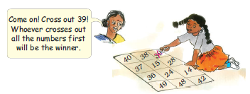 A girl is sitting on the floor and there is a board on which some numbers are written like forty, thirty eight, thirty seven, fifteen, twenty eight, thirty six, twenty four, fourteen, forty nine, forty eight and forty two.