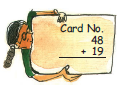 A girl is holding a card in her hand, in which forty eight is added to nineteen