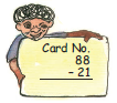 A boy is holding a card in his hand in which, twenty one is subtracted from eighty eight.