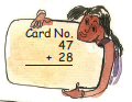 A girl is holding a card in her hand, in which forty seven is added to twenty eight.
