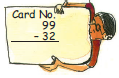 A boy is holding a card in his hand in which, thirty two is subtracted from ninety nine.