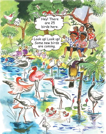 Few children are in a park, in which there is also a waterbody. There are some birds in water and some are flying. The children are counting the total number of birds.