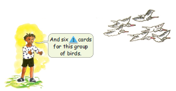 A boy is using six triangle shaped cards with number one written on each card for a group of six birds.