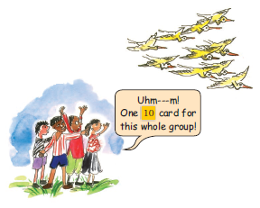 The children have used a square card with number ten on it for a group of ten birds.