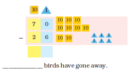 Twenty six is subtracted from seventy and a blank space is given for writing the answer. There are seven square cards in front of seventy and two square cards and six triangles in front of twenty six.