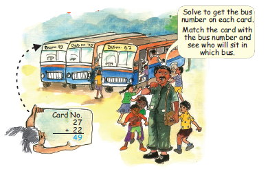 Too many buses are there at a bus stop. There is a man with few children, the man is saying to solve twenty seven added to twenty two to match the total with the bus number.