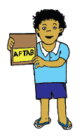 A boy is holding a paper in his hand on which Aftab is written.