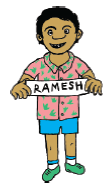 A boy is holding a paper in his hand on which Ramesh is written.