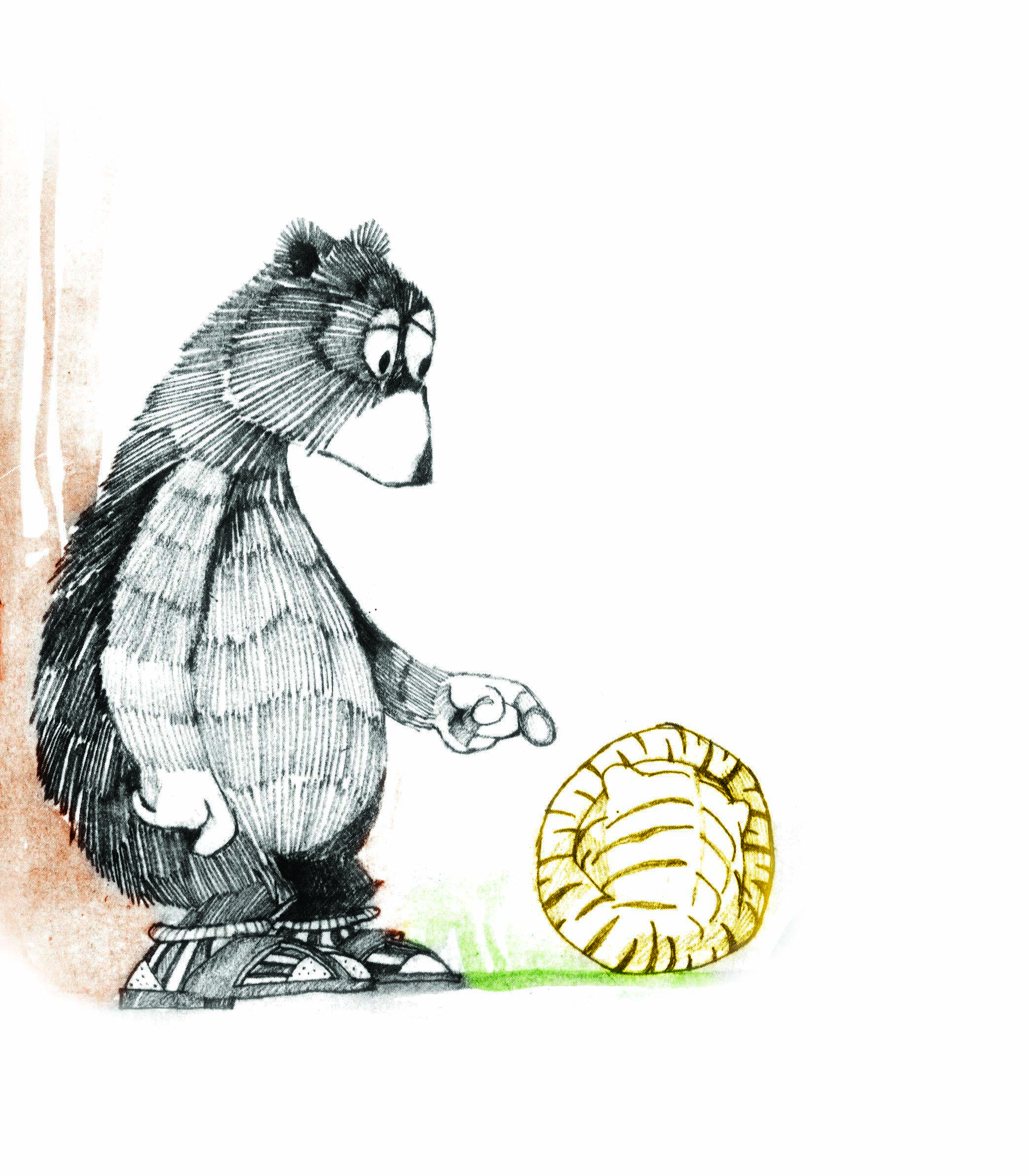 भालू गोल मटोल शेर के बच्चे को देख रहा है।