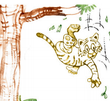 टूटी हुई पेड़ की डाली से शेर नीचे आ  रहा है।