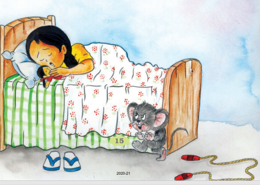 एक लड़की बिस्तर पर सो रही है और नीचे एक चुहिया है। 