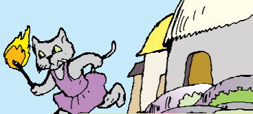 हाथ में सुलगती लकड़ी लिए बिल्ली भाग रही है। 