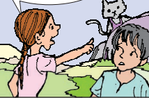 दो बच्चे बिल्ली को  देखकर हैरान हो रहे है। 