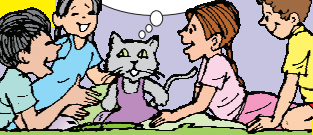 बच्चे बिल्ली के संग खेल रहे हैं। 