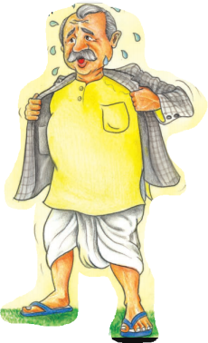 आदमी को पसीना आ रहा है और वह अपना कोट उतार रहा है।