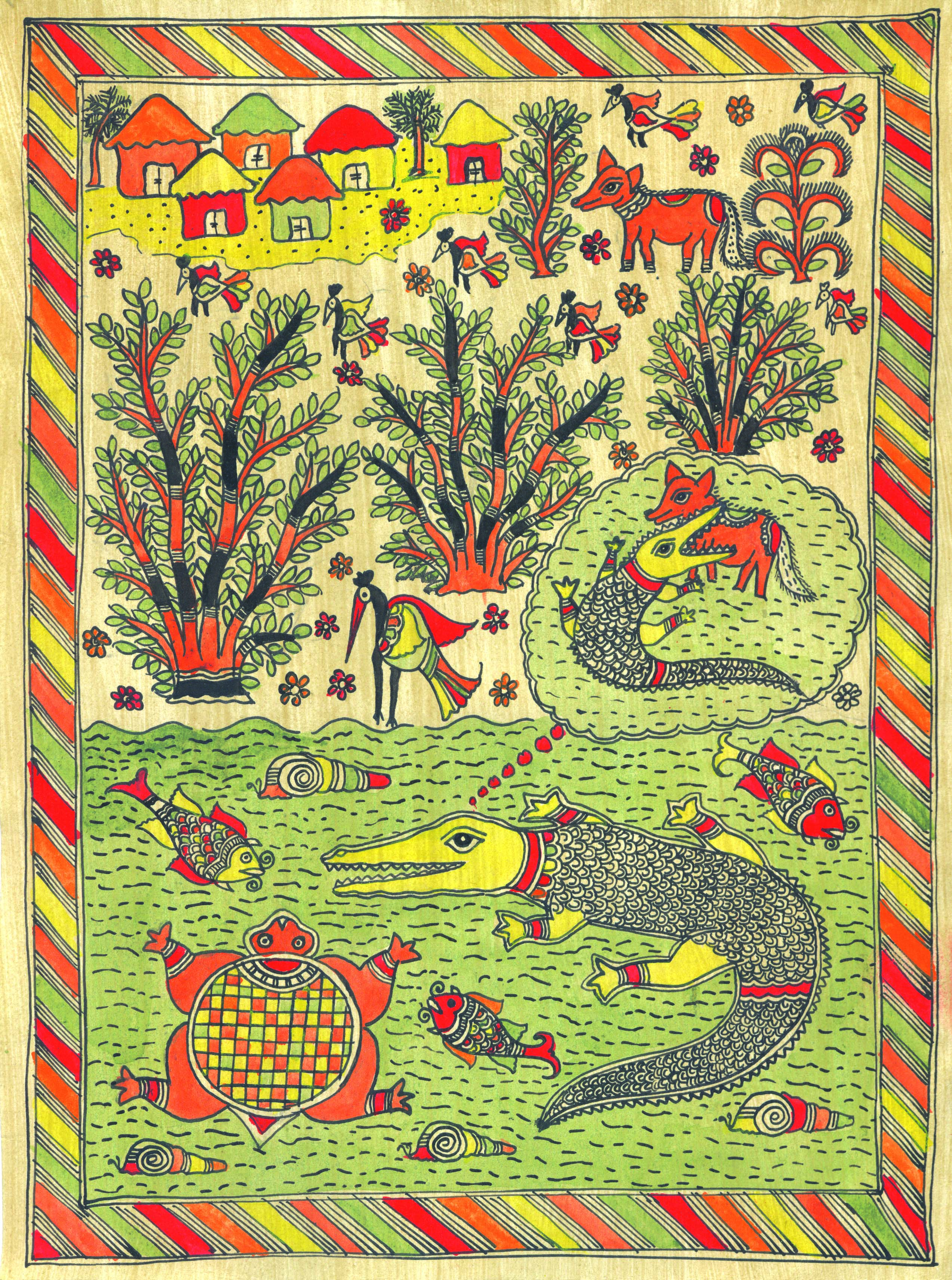 कुछ घर हैं और कुछ पेड़ हैं। पास ही पानी में कुछ मछलिया हैं, एक मगरमछ है और बाहर पेड़ों के पास एक लोमड़ी भी है। 