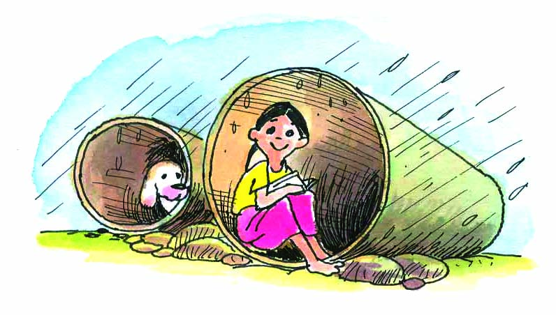 तेज बरसात आ रही है और एक लड़की और एक कुत्ता पाइप में बैठे हैं।