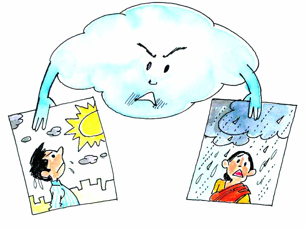 एक बादल के संग दो चित्र हैं, एक में तेज धूप है और दूसरे में तेज बरसात हो रही है।