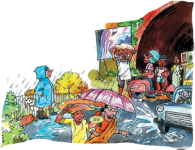 तेज वर्षा हो रही है और सड़क पर कुछ लोग छाता ले कर जा रहे हैं और कुछ लोगों ने रेन कोट  पहने हैं।