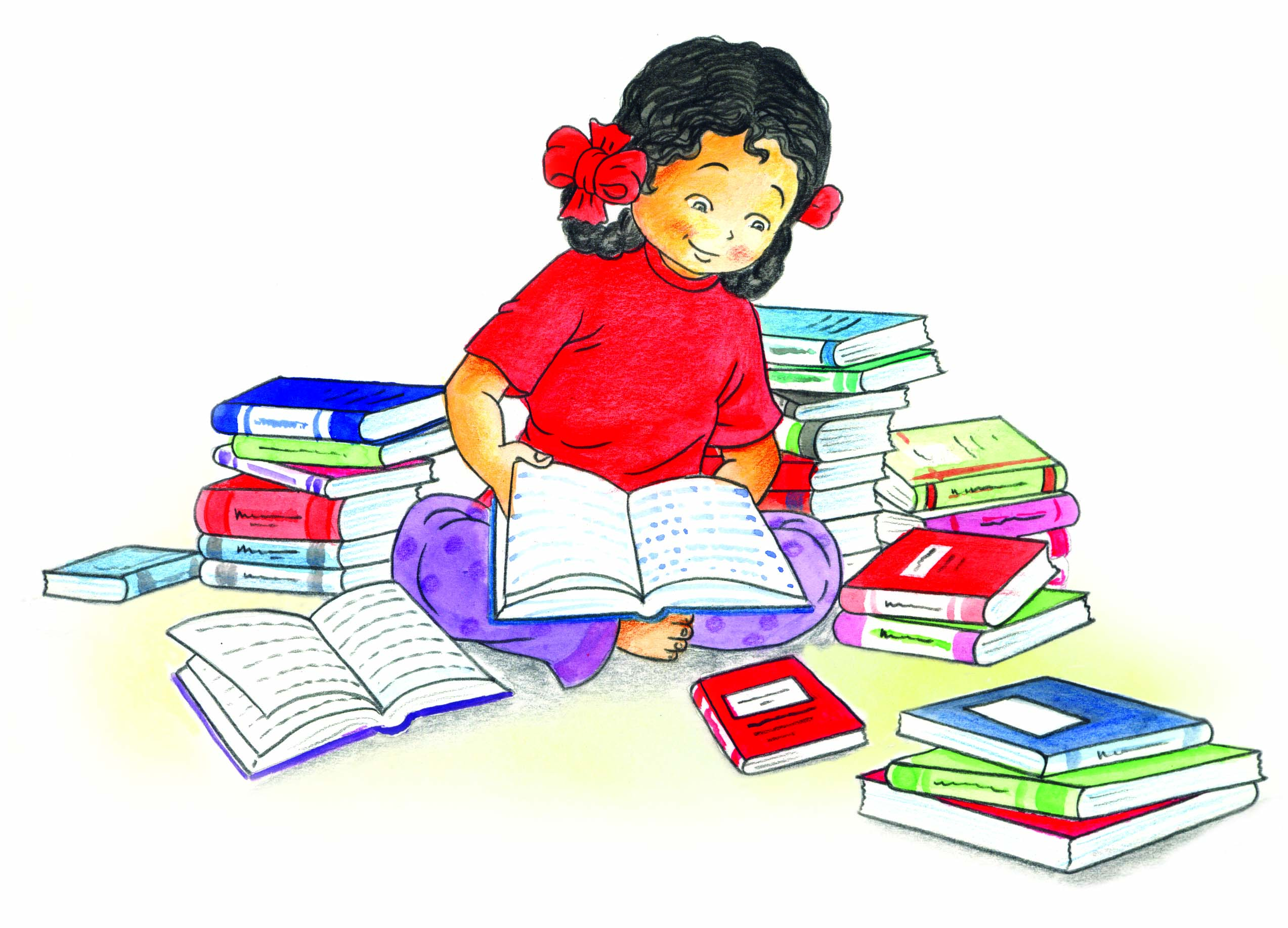 एक लड़की एक किताब पढ़ रही है और पास ही अनेक किताबे रखी हैं।