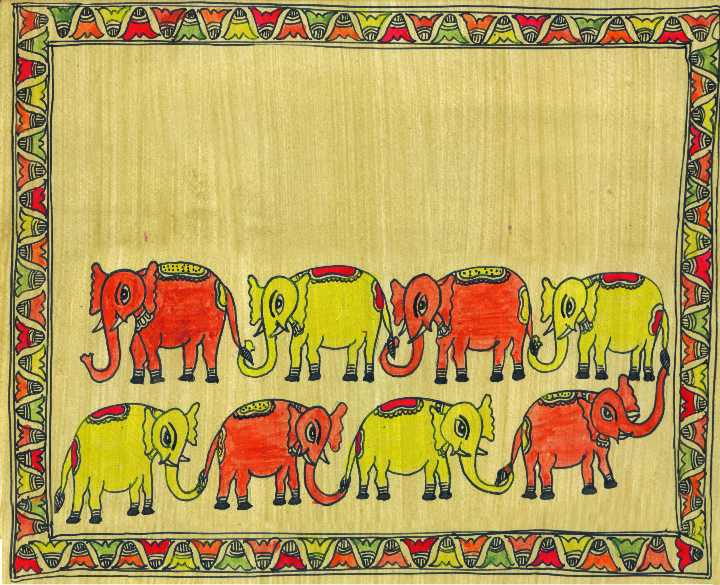 एक हाथी पर लिखा है किताब, दूसरे अपर लिखा है बंदर और तीसरे पर लिखा है रस्सी, और अनेक हाथी बने हैं, जिन पर कुछ नहीं लिखा है।