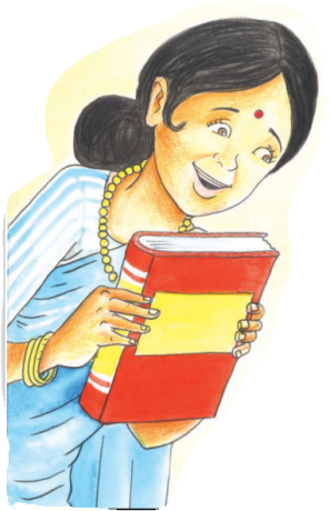 हाथ में एक किताब पकड़े हुए एक औरत ।